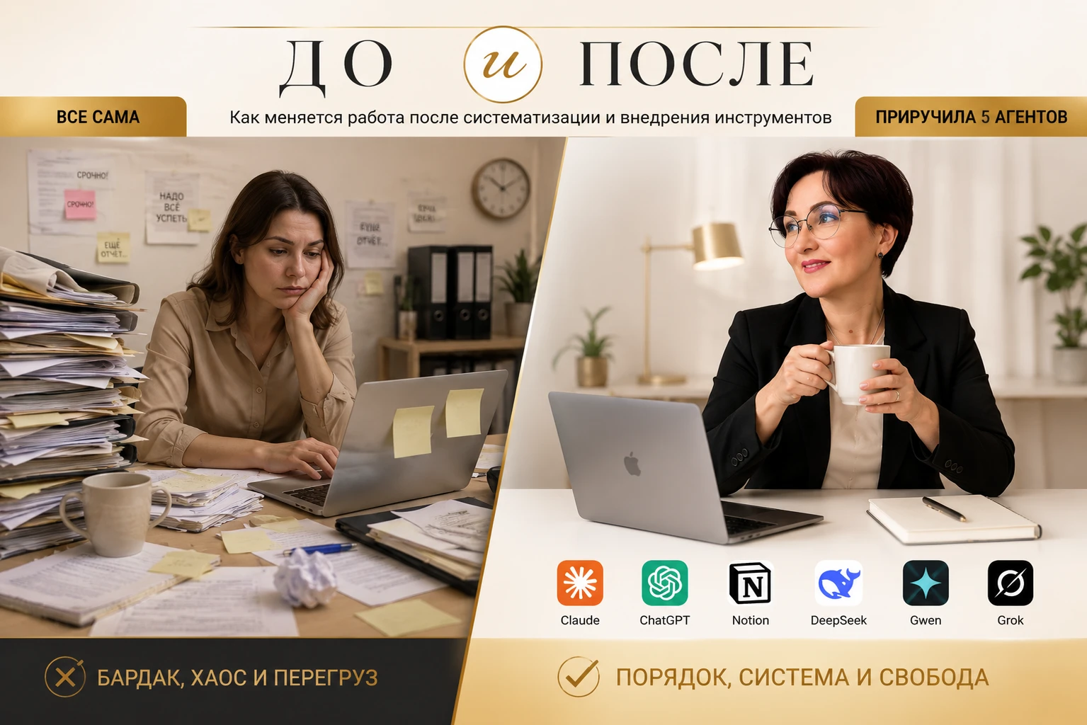 До: всё сама, хаос, перегруз. После: команда AI-агентов, порядок, система и свобода